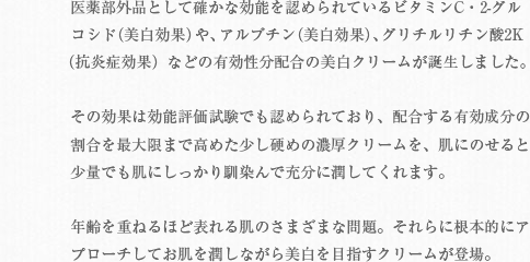 年齢肌と本気で戦う。シミ、ソバカス、小ジワに真剣に向き合った美白クリーム。の説明